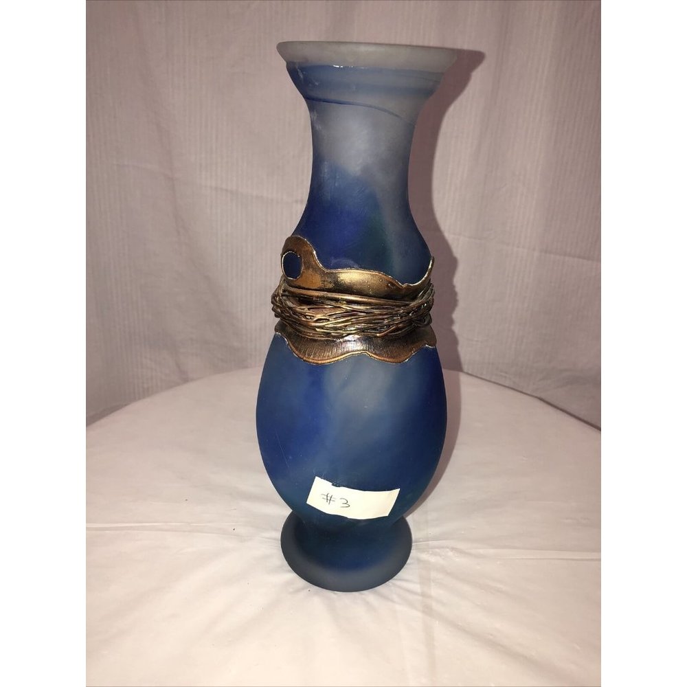 Handmade Art Glass Vase Coated Metal Blue - Picture 3 of 9